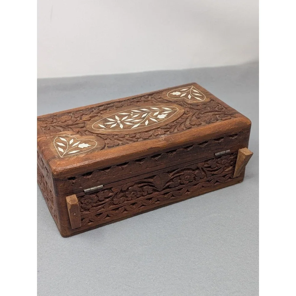 Inlaid Wooden Trinket Jewelry Box Red Velvet India Vintage